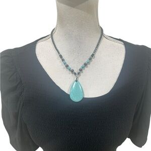 Artisan faux Turquoise Teardrop Pendant Necklace faceted & tube hematite beads